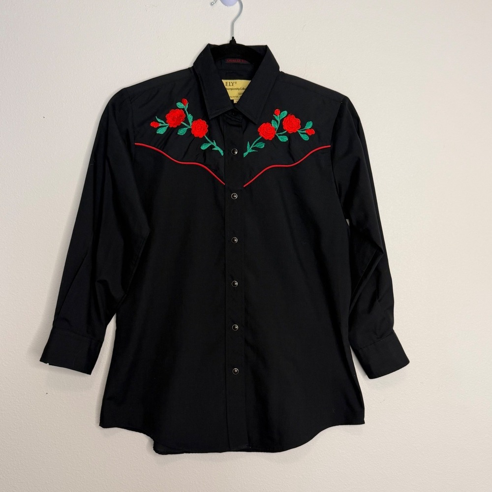 VTG Ely Championship Women's American Rose Western Shirt Black Embroidered 12